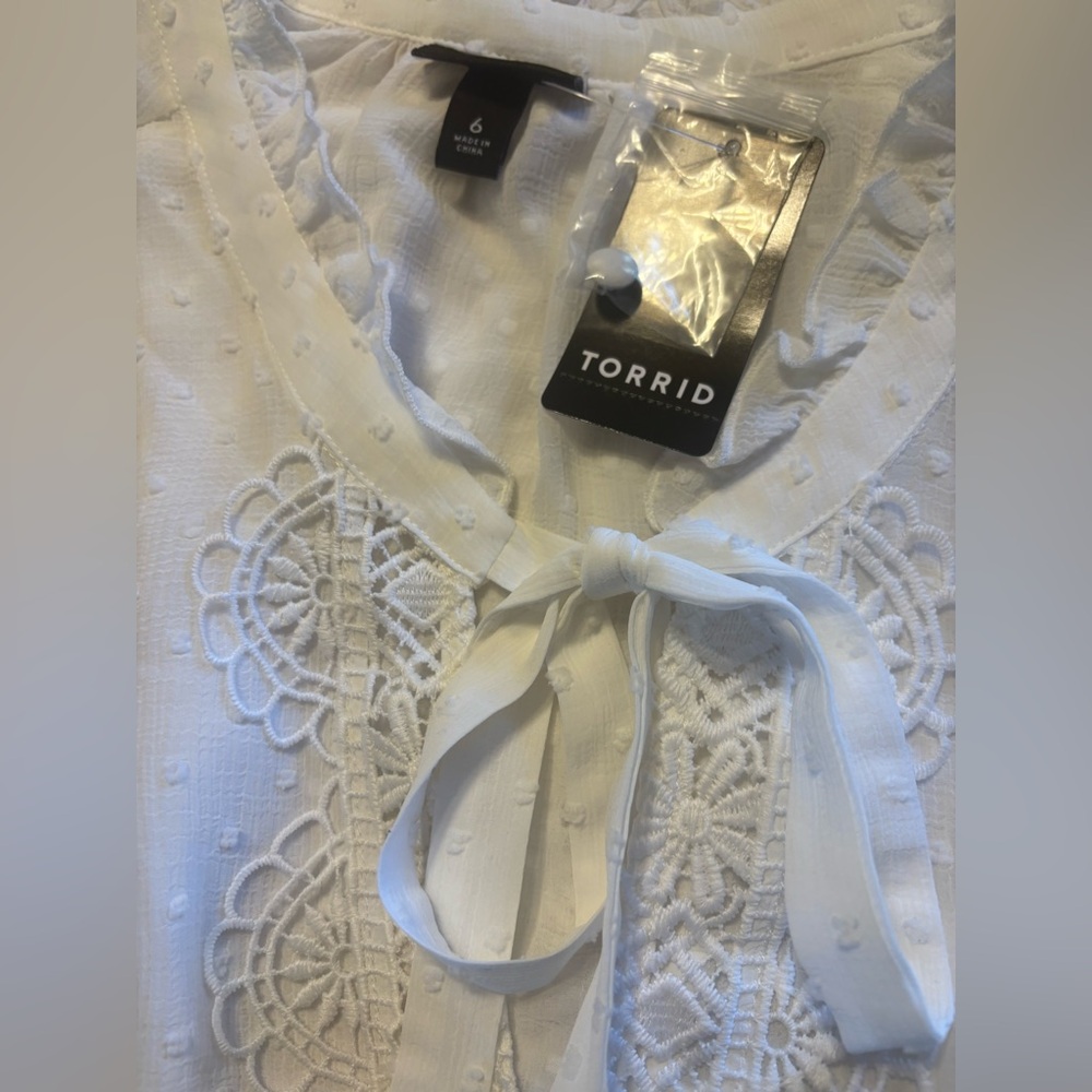 NWT Torrid White Chiffon Clip Dot Lace Ruffle Tie Front Blouse Size 6X - Picture 6 of 7